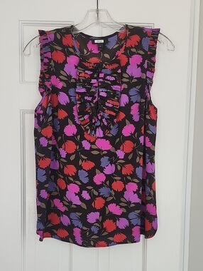 J.Crew Floral Ruffle Sleeveless Top - Black with Pink & Red